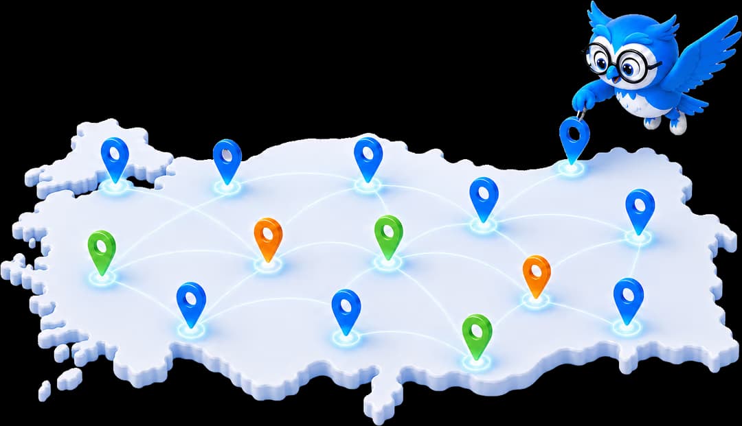 Türkiye haritası üzerinde birbirine bağlı şube pinleri ve pin yerleştiren Harito baykuşu