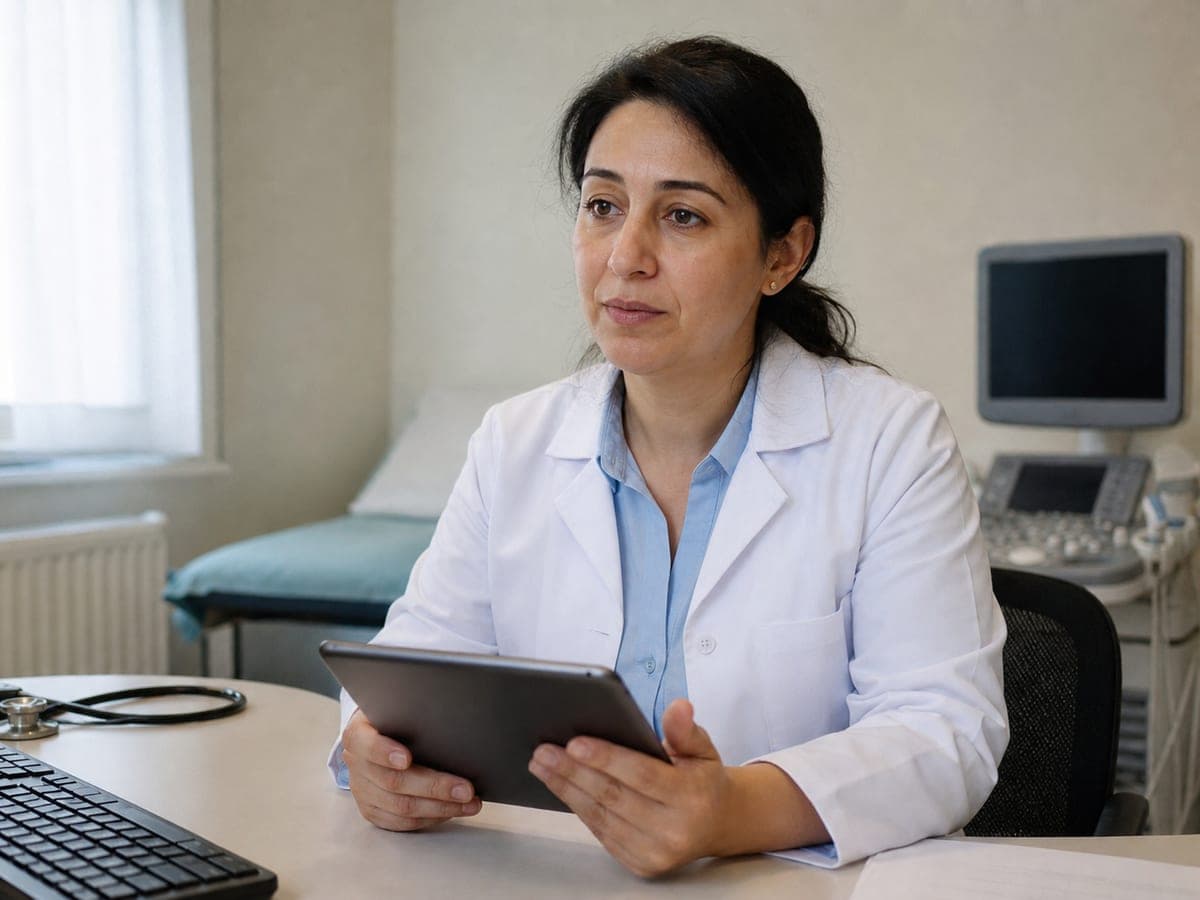 Profesyonel sağlık çalışanı tablet ile yorum yanıt önerisi