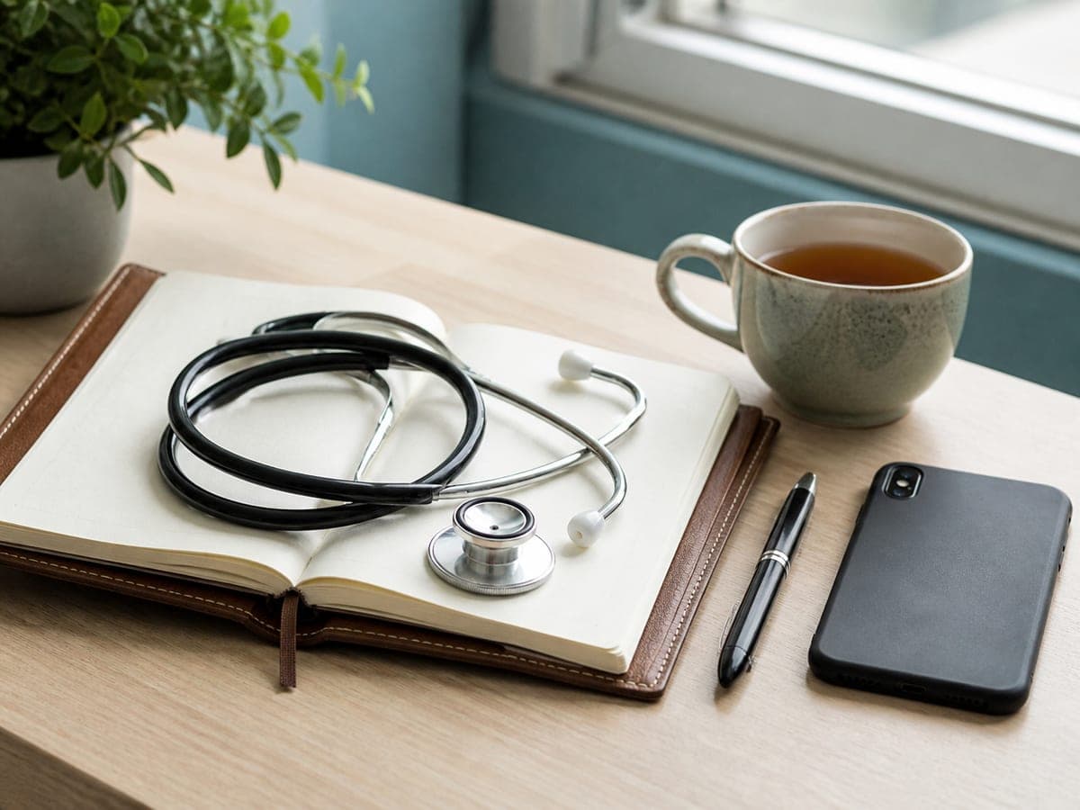 Klinik masası, stetoskop, randevu defteri ve dijital sistem