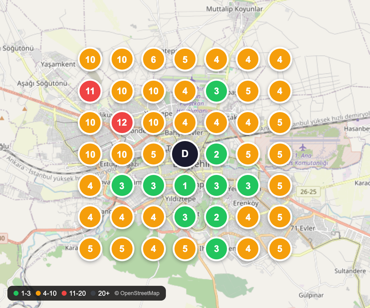 “Eskişehir Doktorlar Caddesi Şubesi · işitme cihazı fiyatları” için 4 Temmuz 2026 konum taraması, 49 ölçüm noktası ve sıralama işaretleri