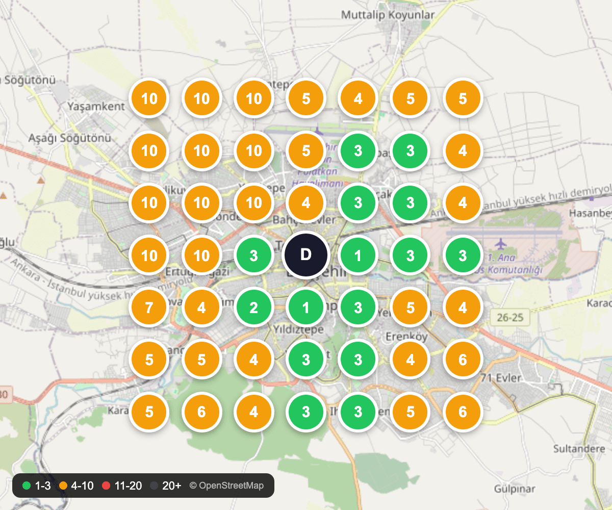“Eskişehir Doktorlar Caddesi Şubesi · işitme cihazı fiyatları” için 4 Ağustos 2026 konum taraması, 49 ölçüm noktası ve sıralama işaretleri