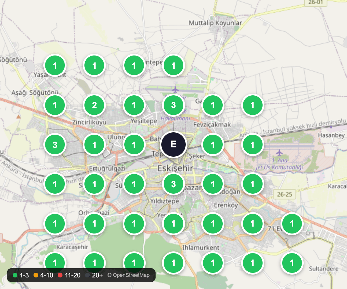 “eskişehir günlük kiralık villa” için 17 Temmuz 2026 konum taraması, 36 ölçüm noktası ve sıralama işaretleri