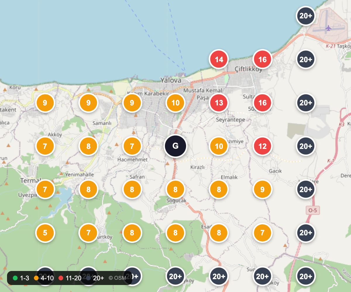 “oto tamirci” için 2 Eylül 2026 konum taraması, 39 ölçüm noktası ve sıralama işaretleri