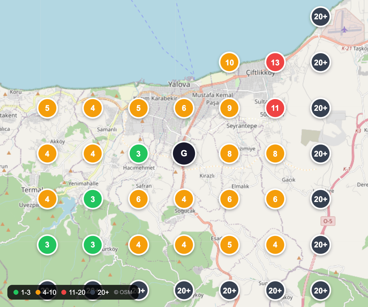 “oto tamirci” için 3 Ekim 2026 konum taraması, 39 ölçüm noktası ve sıralama işaretleri
